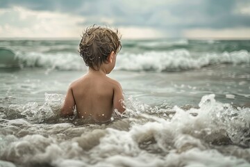 Fototapeta premium Small child enjoying the ocean waves on a cloudy day