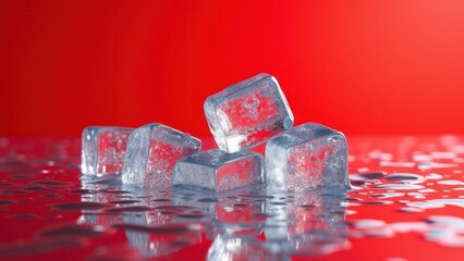 Fresh ice cubes melting on a reflective wet surface with a bold red background	