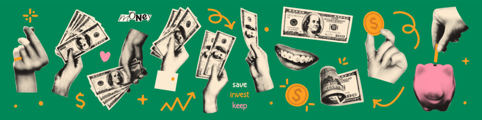 Money halftone art collage cut outs set. Paper clippings, hands holding dollar bills, coins, piggy bank stickers with vintage dotted texture and doodles. Modern retro mixed media vector illustration