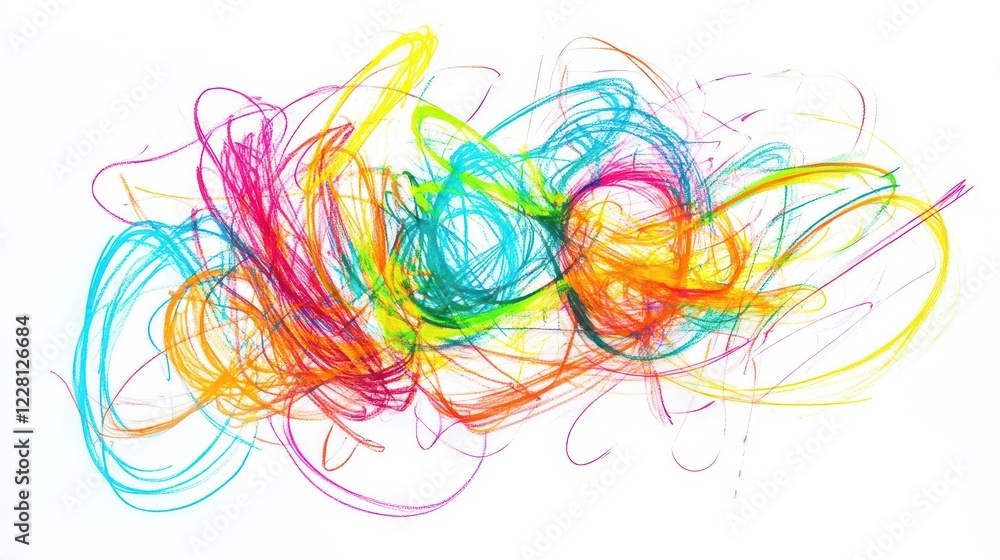 Poster vibrant abstract scribbles swirling in neon colors, dynamic chalk-like textures floating against pur