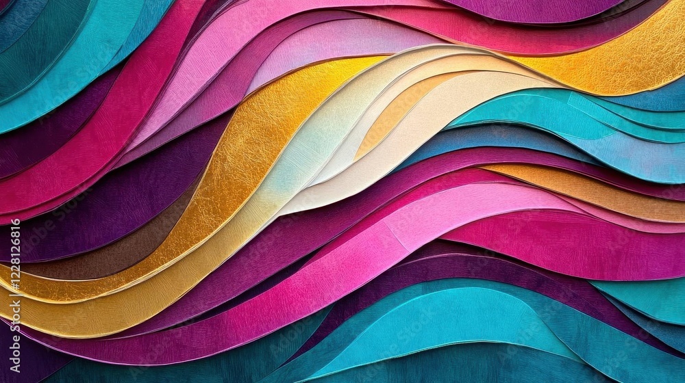 Poster vibrant abstract waves in layered paper art style, flowing ribbons of teal, magenta, and gold creati