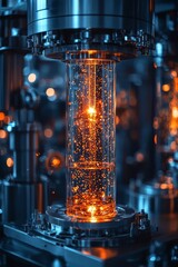 Futuristic industrial machinery with glowing particles in a transparent cylinder, showcasing advanced technology and innovation in a high-tech environment.