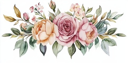Watercolor floral illustration featuring leaves and buds. Botanical composition perfect for weddings or greeting cards. Abstract branch of roses