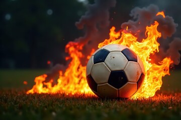 Fototapeta premium Fiery football engulfed in flames, burning fiercely , football, charred