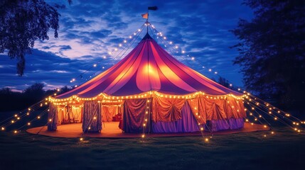 vintage circus tent illuminated at twilight, multicolored spotlights creating magical atmosphere, stars twinkling in deep blue sky
