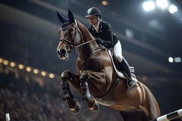 Obraz premium Equestrian rider jumping over an obstacle with her brown horse during a competition in front of the stands