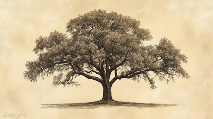 vintage-style botanical illustration of oak tree, intricate line work, sepia tones, decorative family names engraved in branches, nostalgic artistry