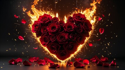 A heart-shaped arrangement of deep red roses, engulfed in flames of passion and energy. The rich, velvety roses are intricately detailed, symbolizing eternal love and devotion.