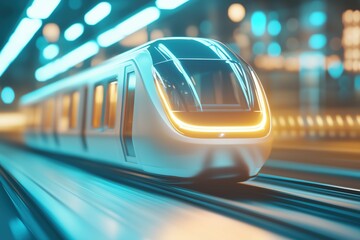 Fototapeta premium Modern high-speed train in a futuristic station illuminated with neon lights. urban transportation and innovation concept.