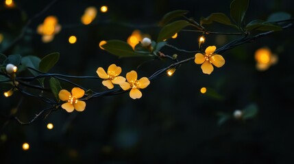 Obraz premium Illuminated yellow flowers at night, garden background, magical mood, website banner