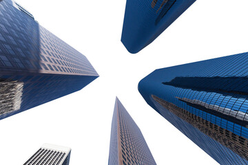 Upward view of downtown Los Angeles office towers with cut out sky.
