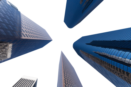 Upward view of downtown Los Angeles office towers with cut out sky.