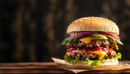 Professional Close-Up Burger Photography &ndash; Ground Beef Patty, Lettuce, Bacon, Onions, Tomatoes, Cucumbers &ndash; Isolated on Black Wooden Background for Food Advertising, Menus, Packaging & Social Media