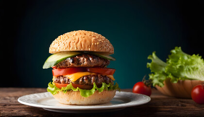 Professional Close-Up Burger Photography &ndash; Ground Beef Patty, Lettuce, Bacon, Onions, Tomatoes, Cucumbers &ndash; Isolated on Black Wooden Background for Food Advertising, Menus, Packaging & Social Media