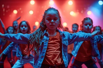Fototapeta premium A group of young dancers showcases their skills in vibrant lighting. The focus is on a girl confidently leading the performance, surrounded by her peers, all dressed in casual dance attire