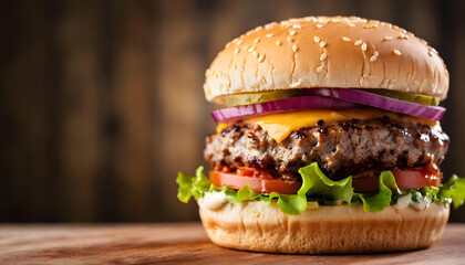 Professional Close-Up Burger Photography &ndash; Ground Beef Patty, Lettuce, Bacon, Onions, Tomatoes, Cucumbers &ndash; Isolated on Black Wooden Background for Food Advertising, Menus, Packaging & Social Media