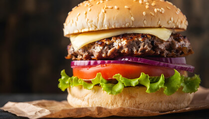 Professional Close-Up Burger Photography &ndash; Ground Beef Patty, Lettuce, Bacon, Onions, Tomatoes, Cucumbers &ndash; Isolated on Black Wooden Background for Food Advertising, Menus, Packaging & Social Media