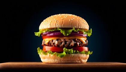 Professional Close-Up Burger Photography &ndash; Ground Beef Patty, Lettuce, Bacon, Onions, Tomatoes, Cucumbers &ndash; Isolated on Black Wooden Background for Food Advertising, Menus, Packaging & Social Media