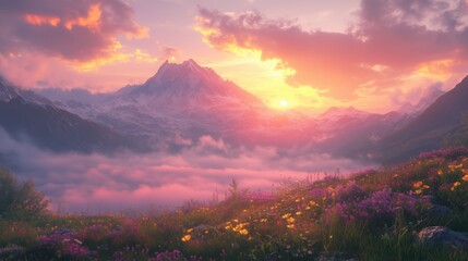 Vibrant wildflowers blooming on a mountainside at sunset with majestic snow-capped peaks rising above a sea of clouds, creating a breathtaking and serene landscape