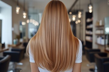 Hairdresser presenting the stunning results of a keratin straightening treatment on long, luxurious blonde hair, highlighting smoothness and shine in a modern salon environment