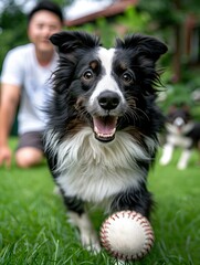 Fototapeta premium Happy dog playing ball with the owner in green grass background