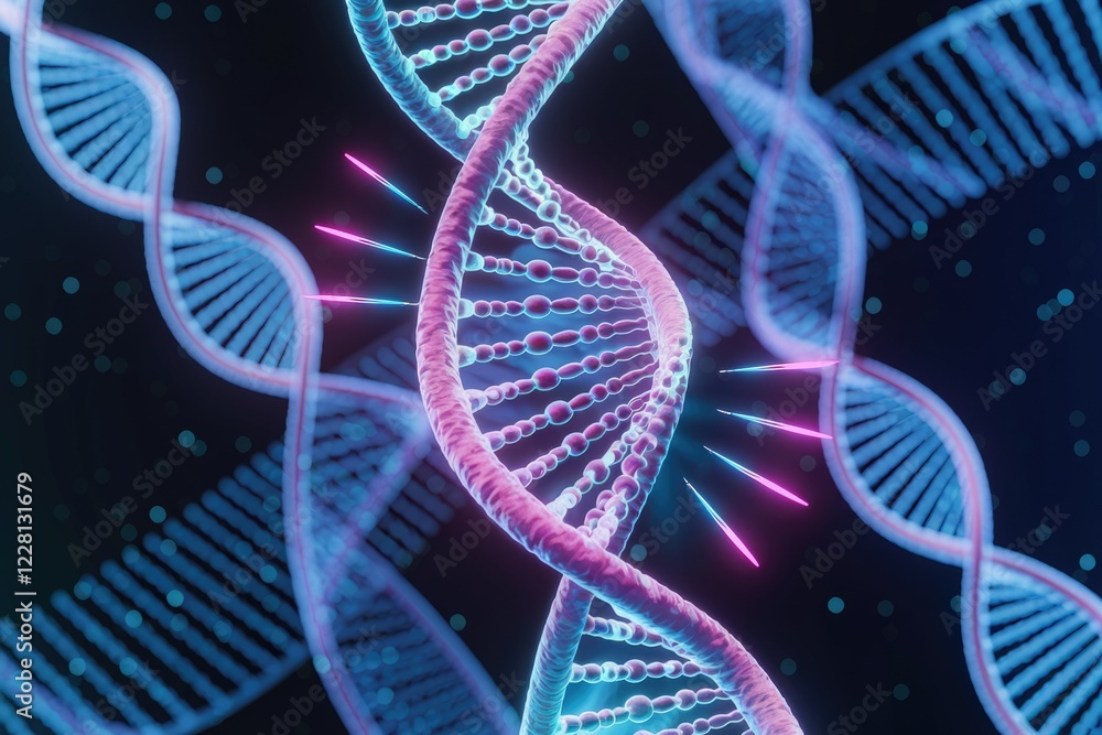 Poster dna double helix structure illuminated, glowing, representing genetic code and biotechnology advance