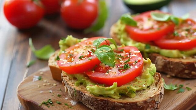 Enjoy a healthy breakfast or snack with multigrain avocado toast topped with tomato, herbs, and spices. Vibrant colors and nutritious ingredients make this meal perfect for vegetarians and vegans