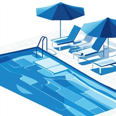 Obraz premium Isometric Poolside Relaxation Blue umbrellas, lounge chairs, inviting pool, summer vacation imagery
