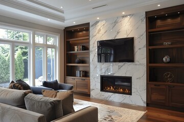 Cozy and luxurious living room boasting a marble fireplace, built in wooden shelves, and a large tv, creating an inviting entertainment space