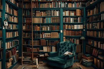 Vintage library interior with emerald velvet armchair and floor lamp against floor-to-ceiling bookshelves filled with antique books, creating cozy reading atmosphere.