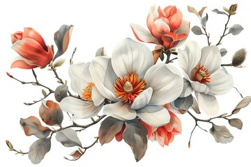 Fototapeta premium Elegant watercolor composition of white magnolias and coral flowers with gray leaves on branch, perfect for wedding invitations, home decor and greeting cards design.
