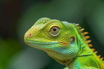 Naklejka premium Close up of a vibrant green iguana in a lush tropical forest setting, highlighting its intricate scales and captivating gaze