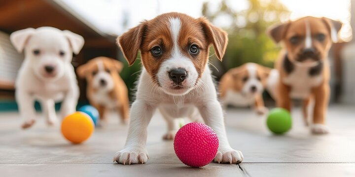 National puppy day with adorable and care idea. Playful puppies chasing colorful balls in sunny outdoor setting.