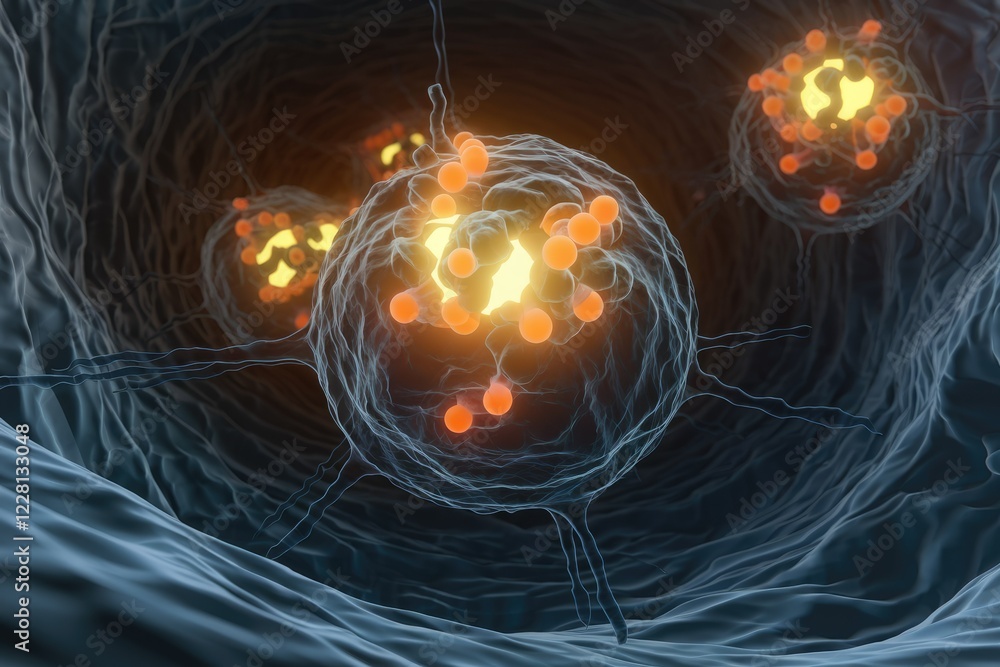 Poster Microscopic view of cells being infected by multiple pathogens, a cellular infection process.