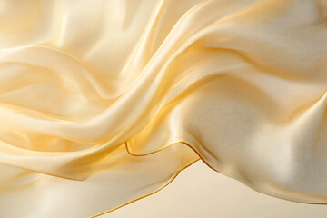 Fototapeta premium Elegant Flowing Silk Fabric with Delicate Golden Folds and Soft Texture, Luxurious Abstract Textile Background with Pastel Tones
