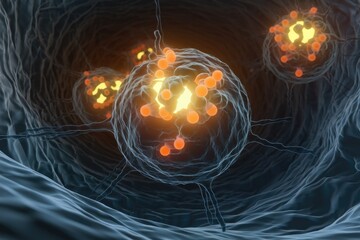 Microscopic view of cells being infected by multiple pathogens, a cellular infection process.