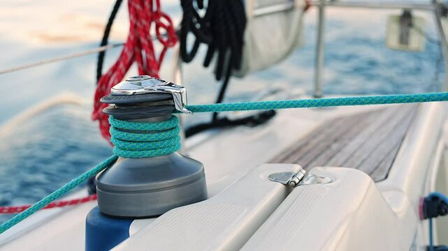 Young man captain operates and controls a sailboat during a journey by sea in winter time in Montenegro