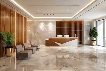 Luxurious hotel lobby with elegant reception desk, comfortable seating, and marble flooring, creating a welcoming atmosphere