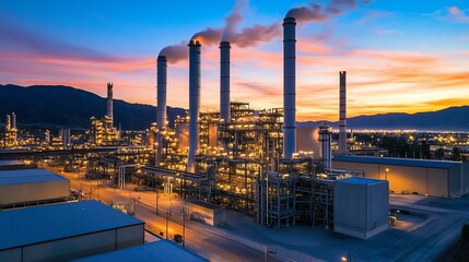 Industrial Refinery Complex at Sunset Stunning Aerial View of Modern Oil Refinery Plant with Illuminated Structures and Tall Smoke Stacks Against a Vibrant Sky Background Gas Night Power Urban Energy 
