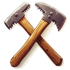 Crossed Battleaxes With Serrated Edges And Wooden Handles In Cartoon Style Digital Art