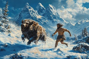 Heracles and the Erymanthian Boar in a snowy mountain landscape, Generative AI