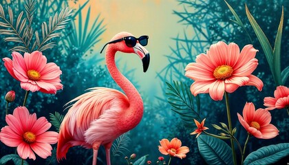 Cool pink flamingo wearing sunglasses surrounded by colorful flowers and tropical foliage
