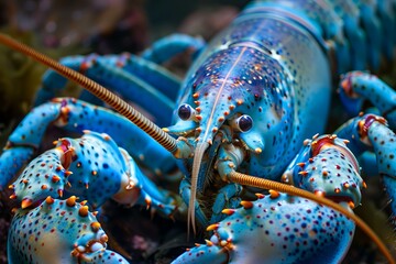 Close up of vibrant blue lobster, showcasing intricate details of its shell, claws, and antennae