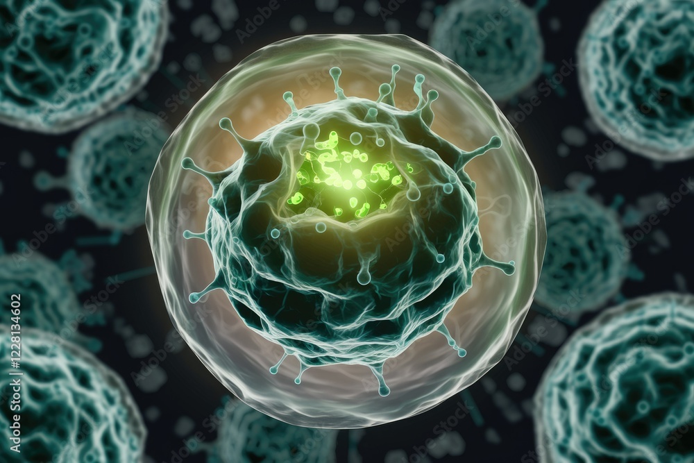 Poster Microscopic view of a virus, depicting its complex structure and internal components.