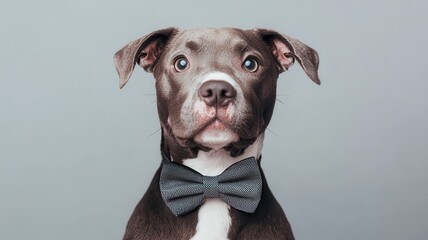 National puppy day with adorable and care idea. Dog wearing a bow tie against a gray background.