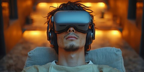 Young man immersed in virtual reality, wearing VR headset and headphones, enjoying a futuristic experience in a cozy, illuminated setting.