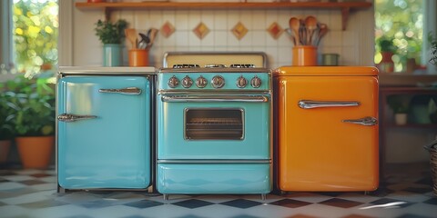 Vibrant retro kitchen appliances in teal and orange, showcasing a stylish cooking space filled with natural light and charming decor.