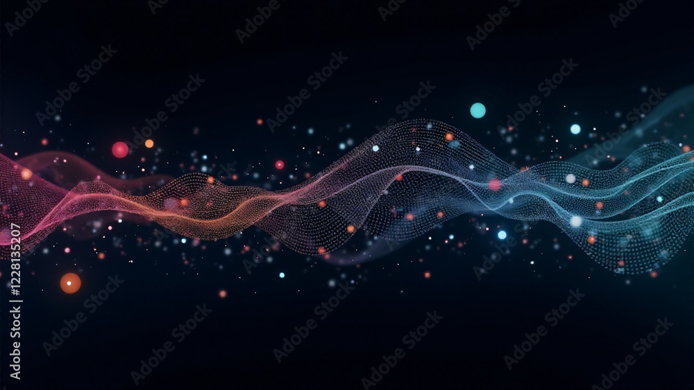 Poster flowing data transforming into vibrant, abstract artistic forms, symbolizing the fusion of technolog