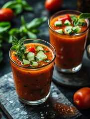 Delightful glasses of homemade gazpacho with fresh toppings in a rustic setting