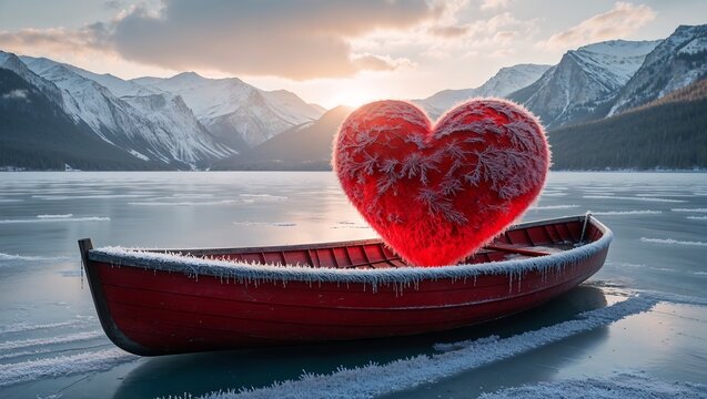 A serene winter landscape features a frozen lake surrounded by snow-capped mountains under a soft, glowing sun. A red rowboat, covered in frost, rests on the icy surface.